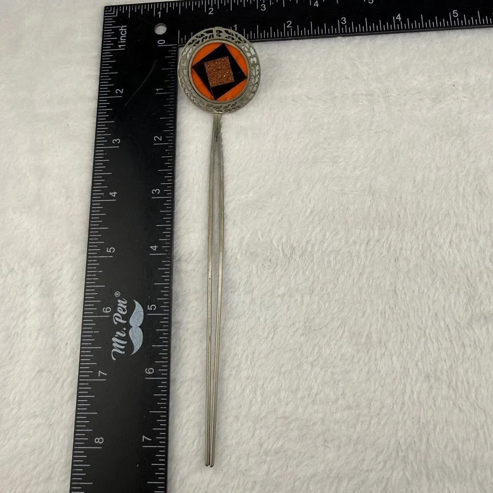Vintage Hair Pin Silver Orange Geometric Goldstone Inlay Women